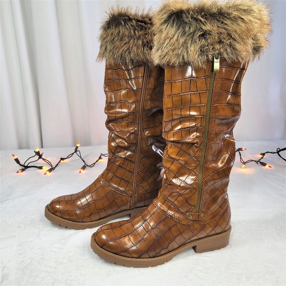 * Furry Tan Croc Faux Fur Fold Over Cuff Winter Mid Calf Boots